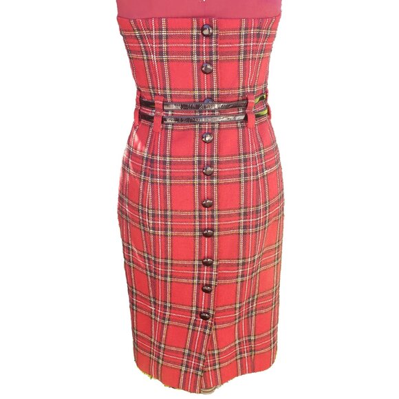 Betsey Johnson Mini Dress Red Tartan Plaid Strapless Double Patent Belt 6 - Picture 4 of 6